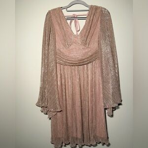 JJ’s House Shimmer Pleated Pink Dress Long Sleeve V-Neck Formal Cocktail Dress S